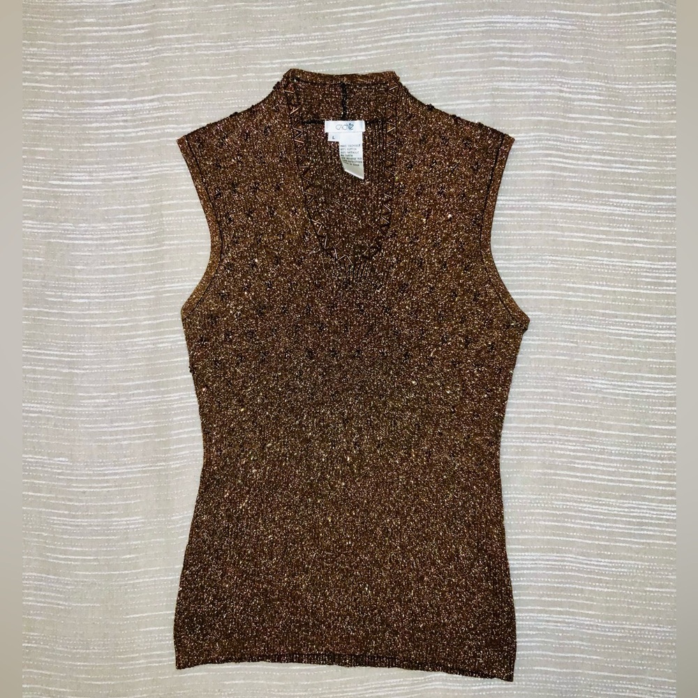 Cache Metallic Brown Embellished V-Neck Top